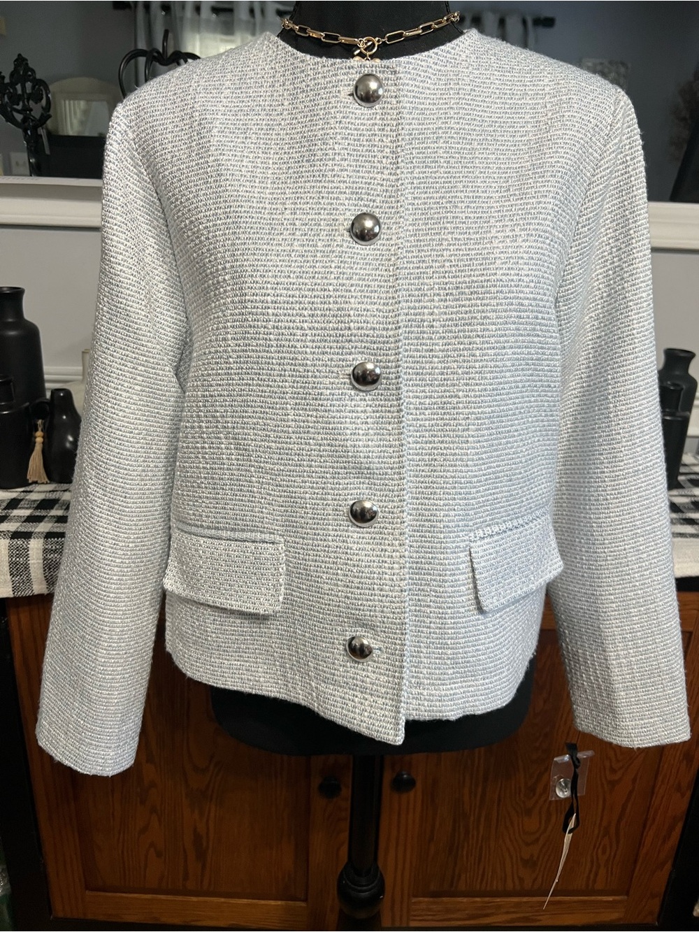 Emaline-Beautiful Women's Light Gray Textured Button Jacket